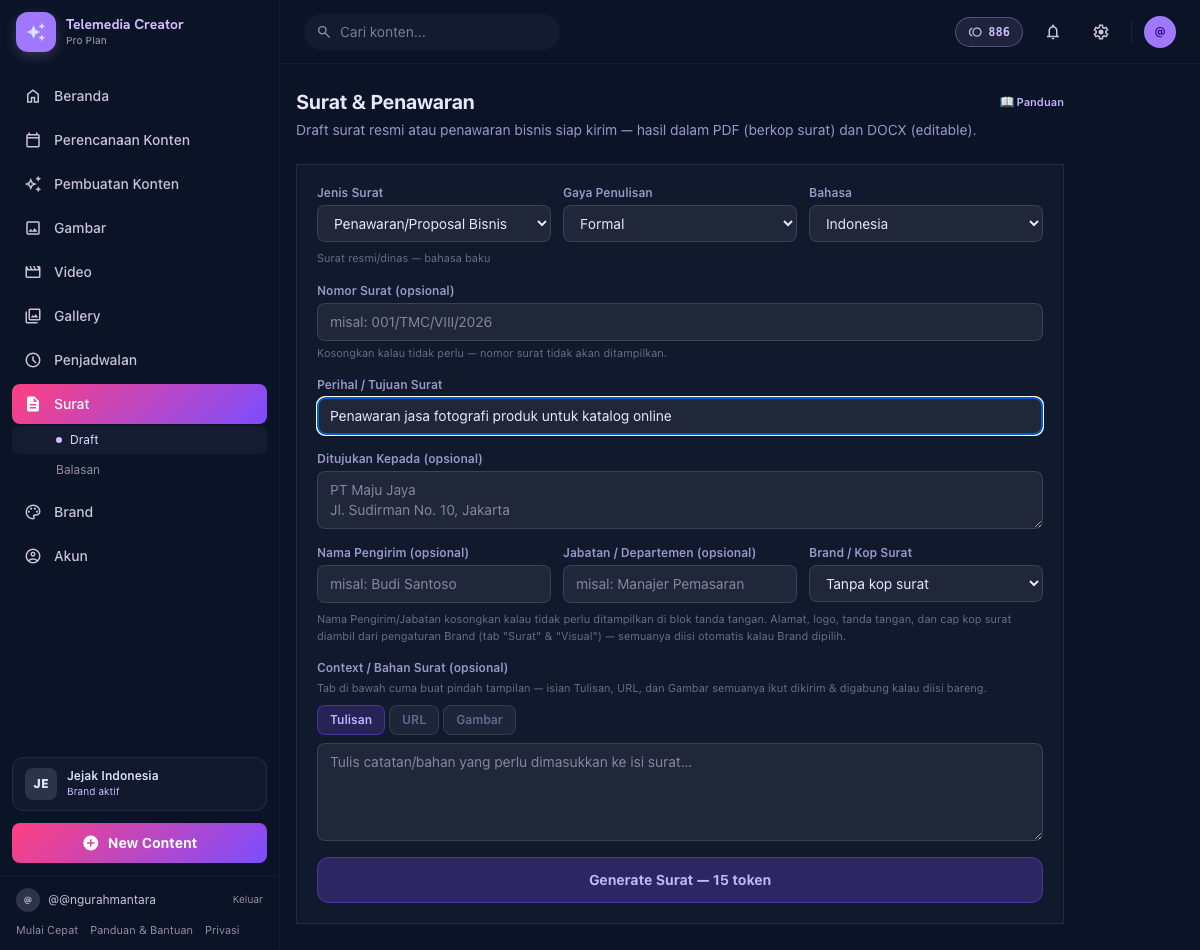 Sub-menu Draft: pilih jenis surat, gaya penulisan, bahasa, isi bahan surat, lalu Generate — hasilnya PDF berkop surat & DOCX.