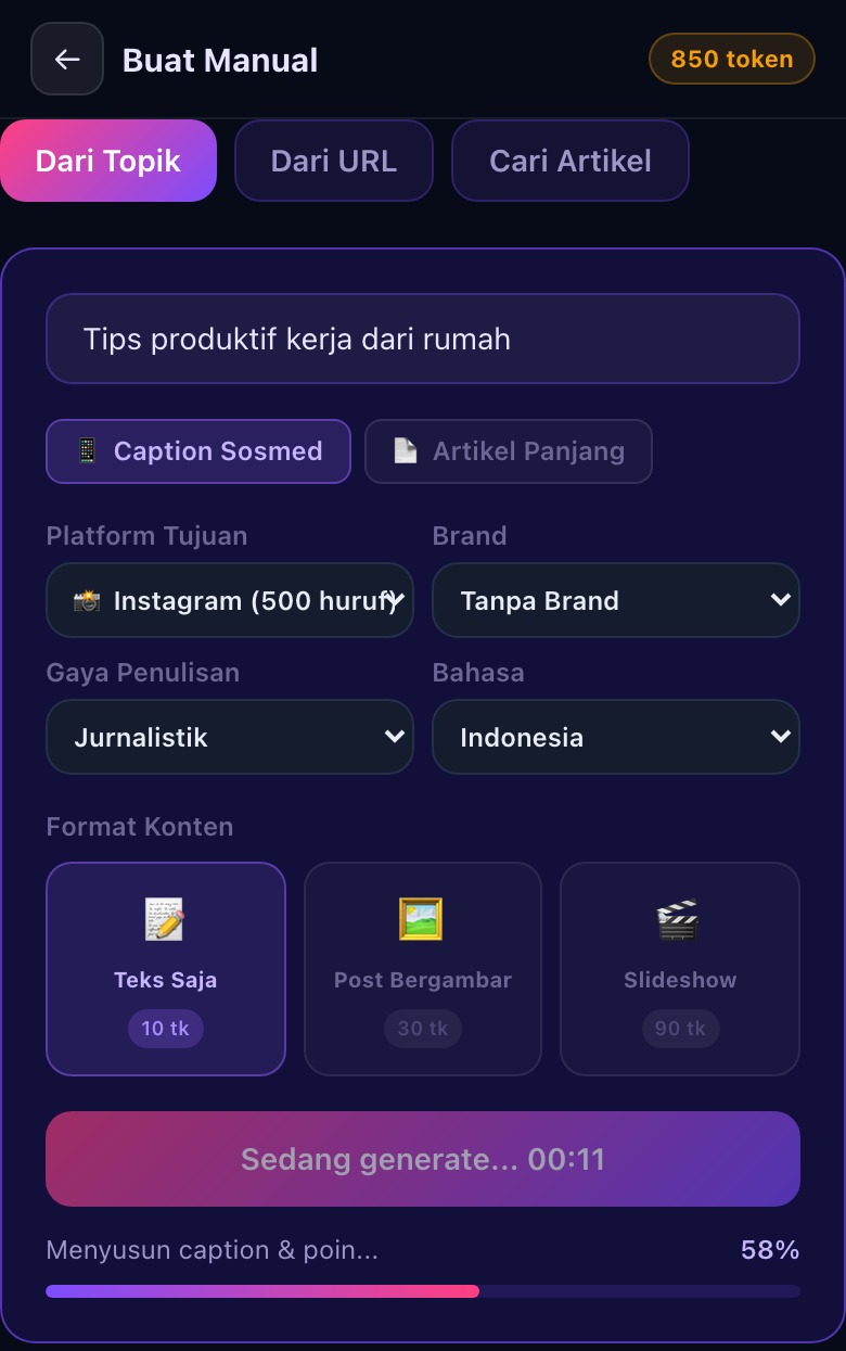 Proses membuat caption di Telegram Mini App