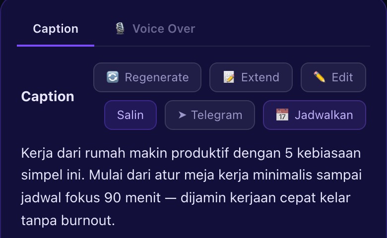 Hasil caption siap publikasi di Telegram Mini App